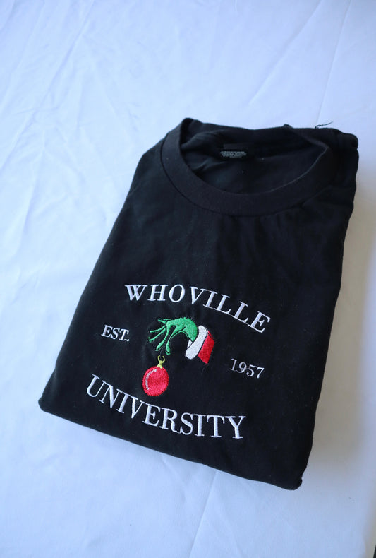 Embroidered 'Whoville University' Hoodie or Crew Neck, Long Sleeve, Classic fit, Unisex, Adult