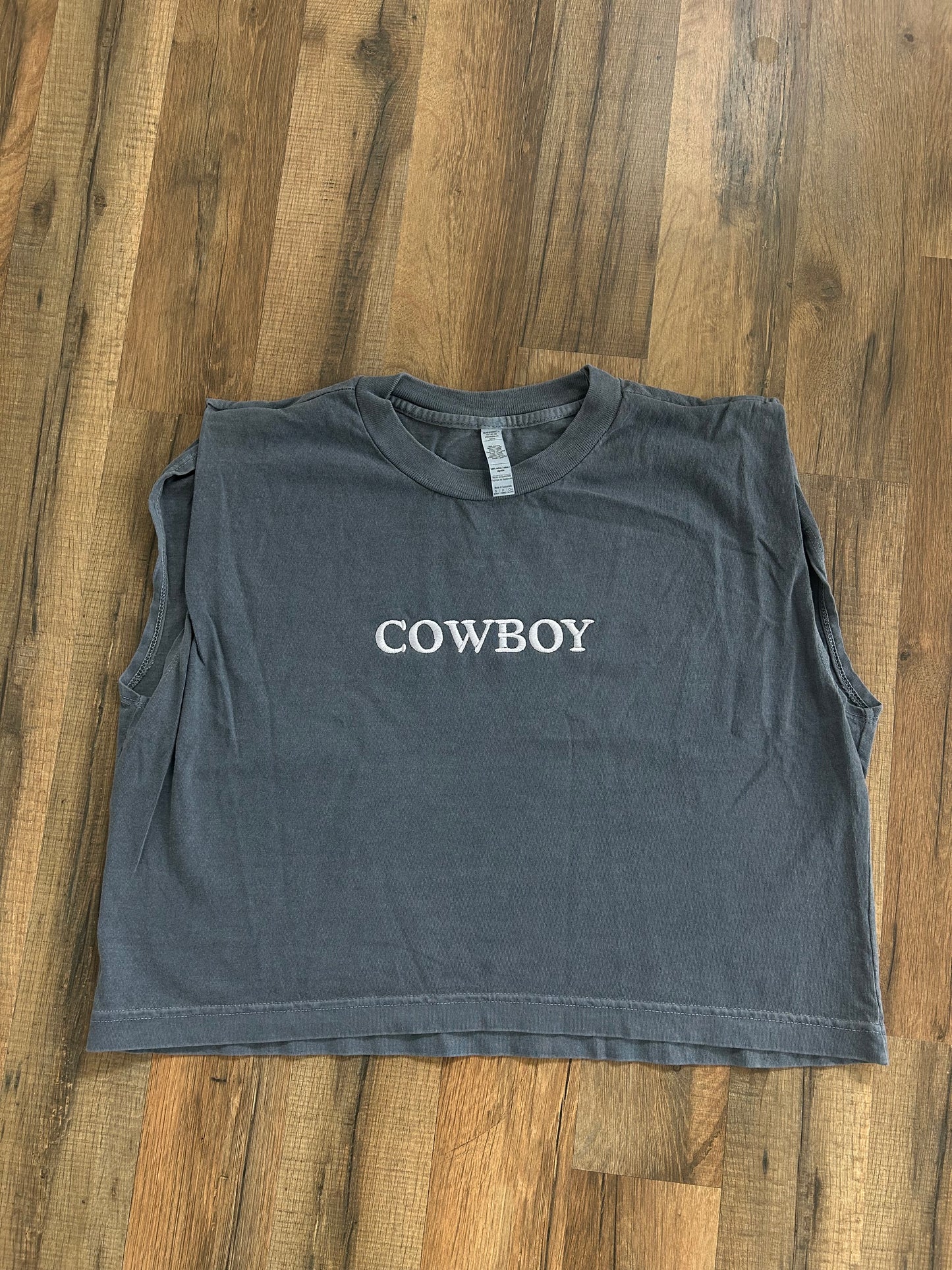 Embroidered Cowboy Cropped Muscle Tee, Tank Top, Crop Fit, Unisex, Adult