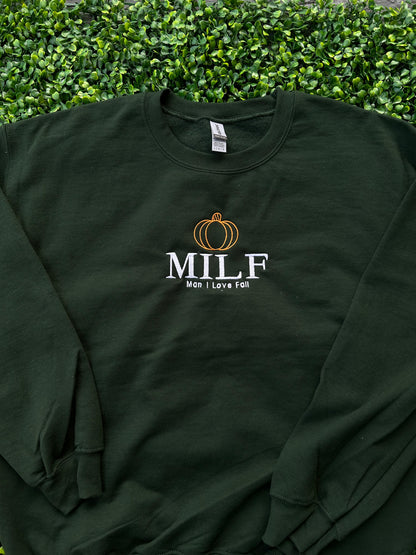 Embroidered 'MILF Man I Love Fall' Hoodie or Crew Neck, Long Sleeve, Classic fit, Unisex, Adult