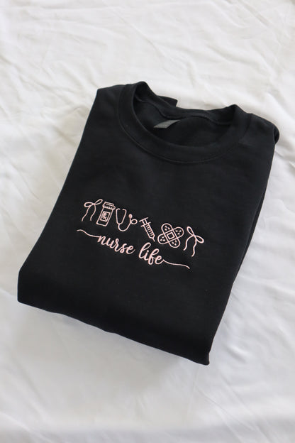 Embroidered 'Nurse Life Bow' Hoodie or Crew Neck, Long Sleeve, Classic fit, Unisex, Adult
