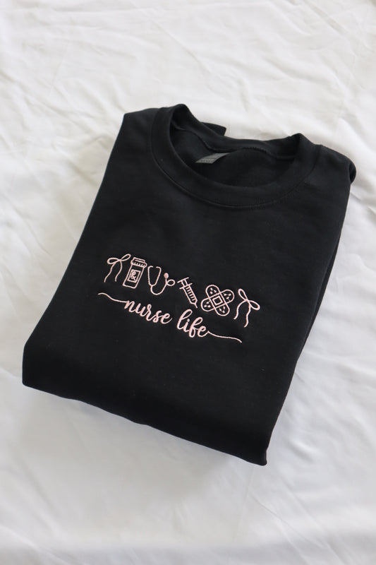Embroidered 'Nurse Life Bow' Hoodie or Crew Neck, Long Sleeve, Classic fit, Unisex, Adult