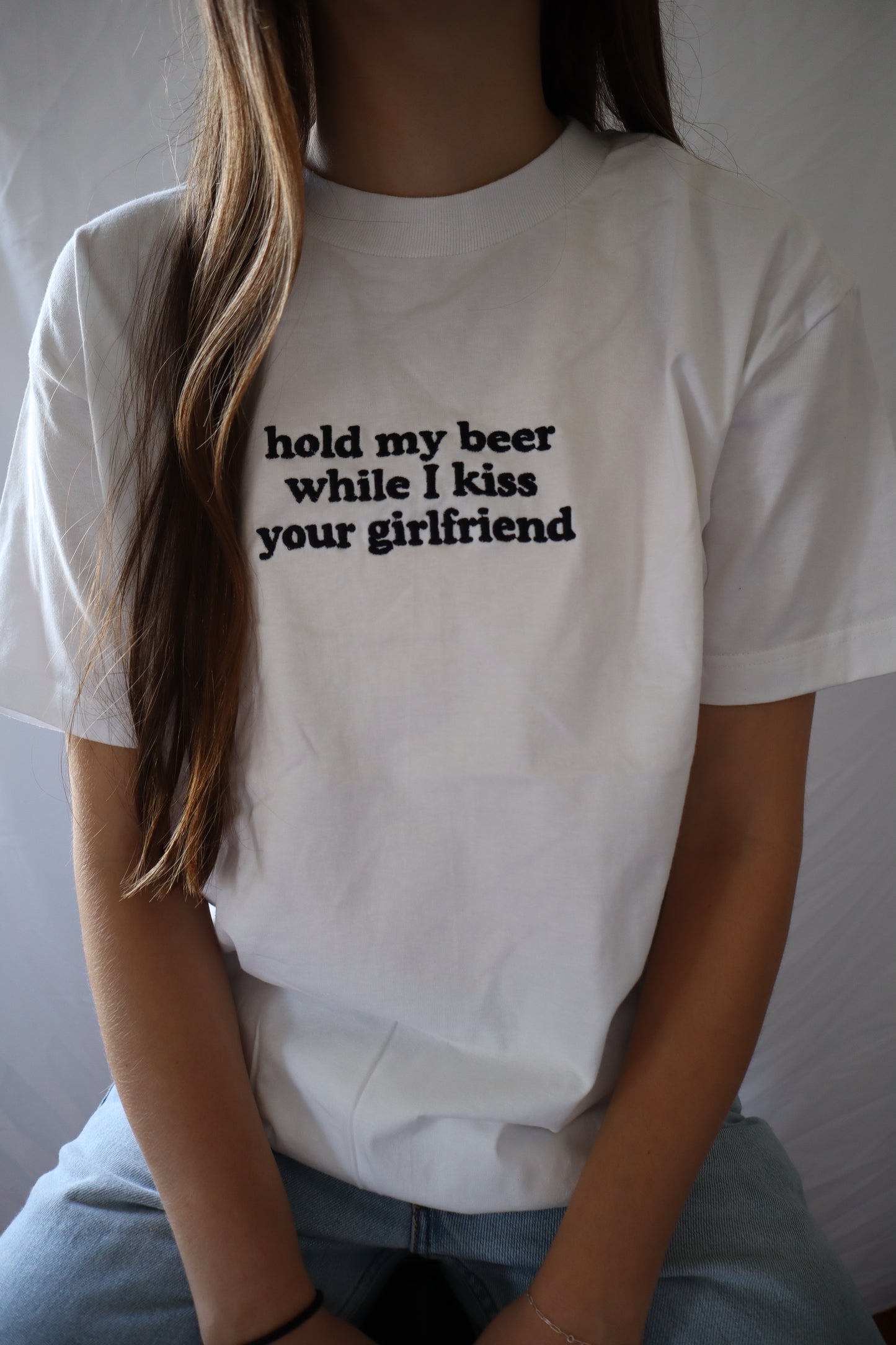 Embroidered 'Hold My Beer While I Kiss Your Girlfriend' T-Shirt, Short Sleeve, Classic fit, Unisex, Adult