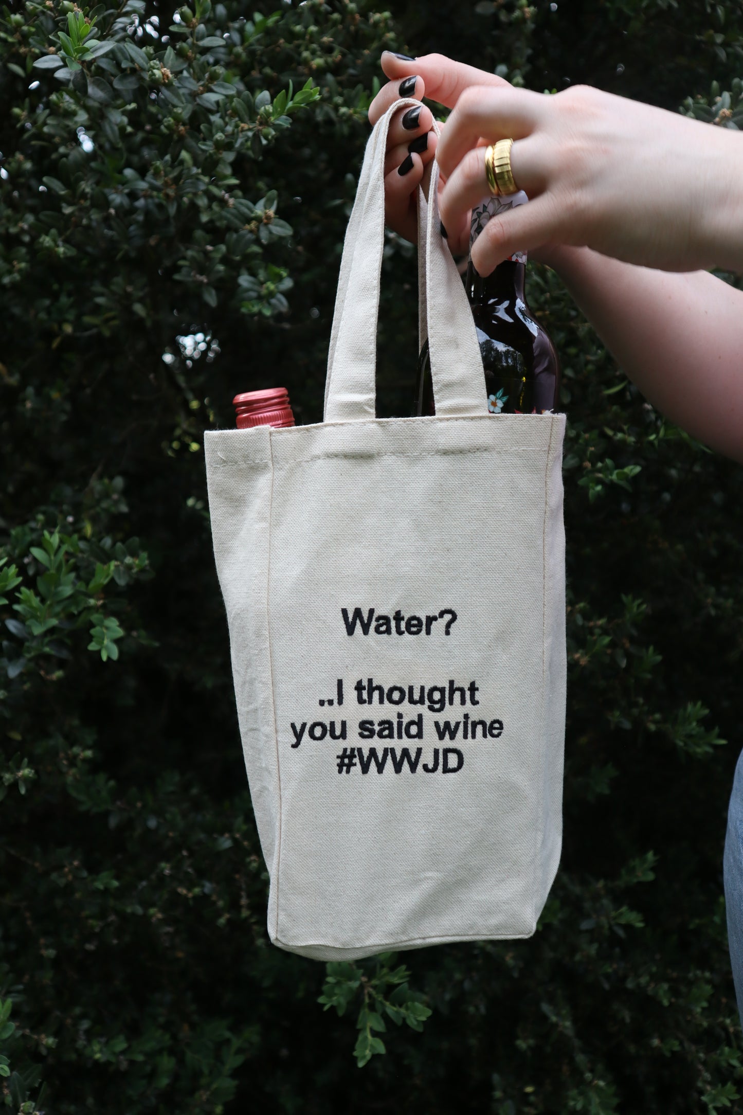 Embroidered Water? I Thought You Said Wine What Would Jesus Do Natural Canvas Two Bottle Wine Holder Tote Bag
