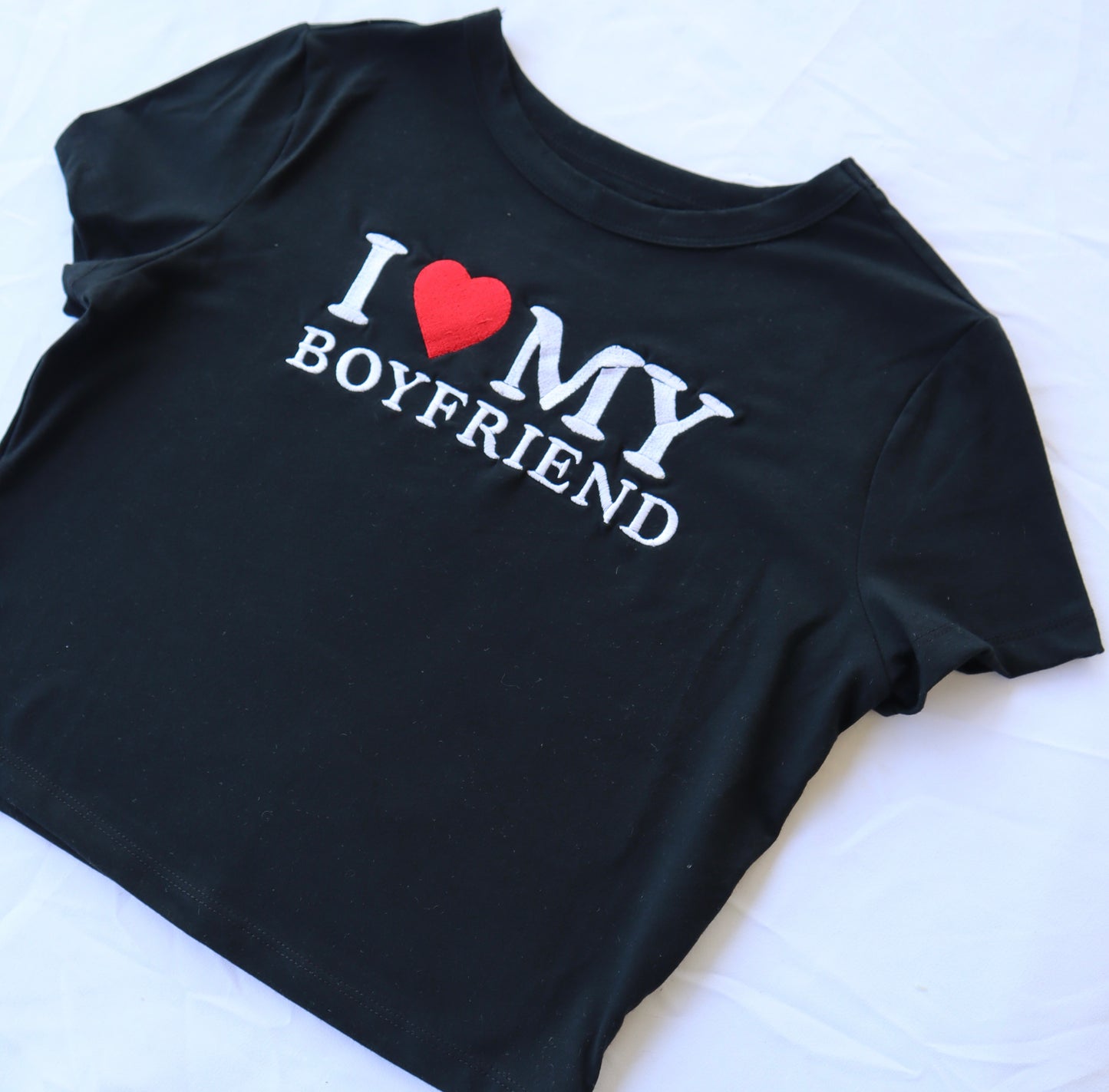 Embroidered ‘I Heart My Boyfriend’ Cropped Short Sleeve T-Shirt, Petite Fit, Adult Female