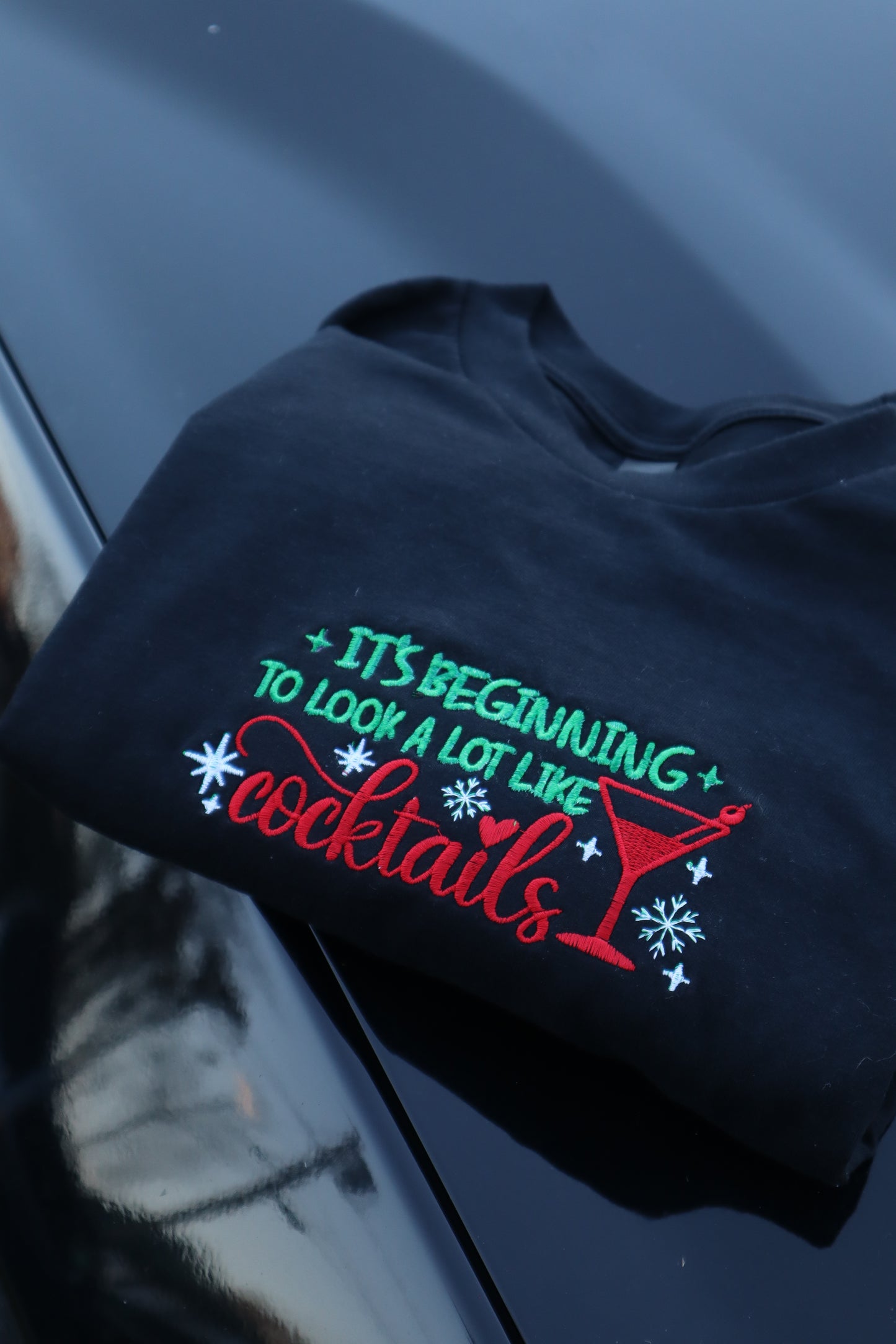 Embroidered “It's Beginning To Look Like Cocktails” Holidays Christmas Hoodies or Crewnecks Unisex · Classic Fit · Long Sleeve · Adult
