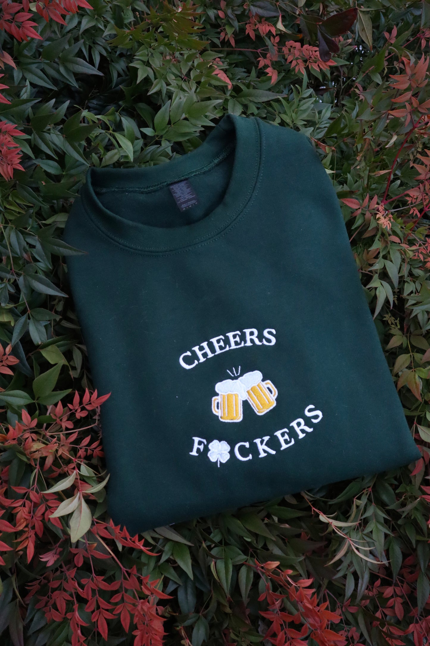 Embroidered Cheers, Saint Patrick's Day, Saint Patty's Day, Clover, Hoodie or Crew Neck, Long Sleeve, Classic fit, Unisex, Adult