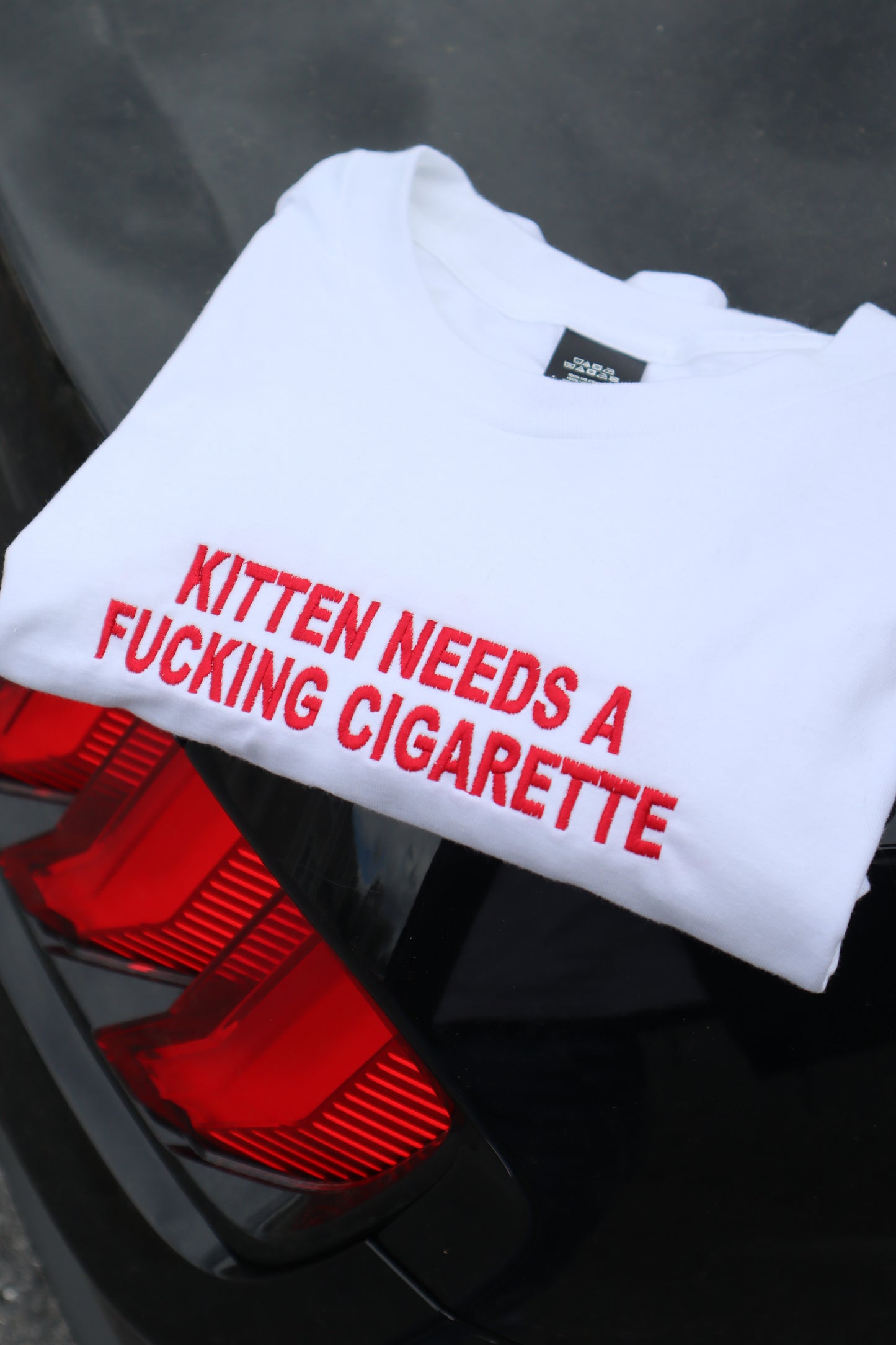 Embroidered Kitten Needs a Cig or a Bee, Short Sleeve, Modern Classic Fit, Unisex, Adult T-Shirt