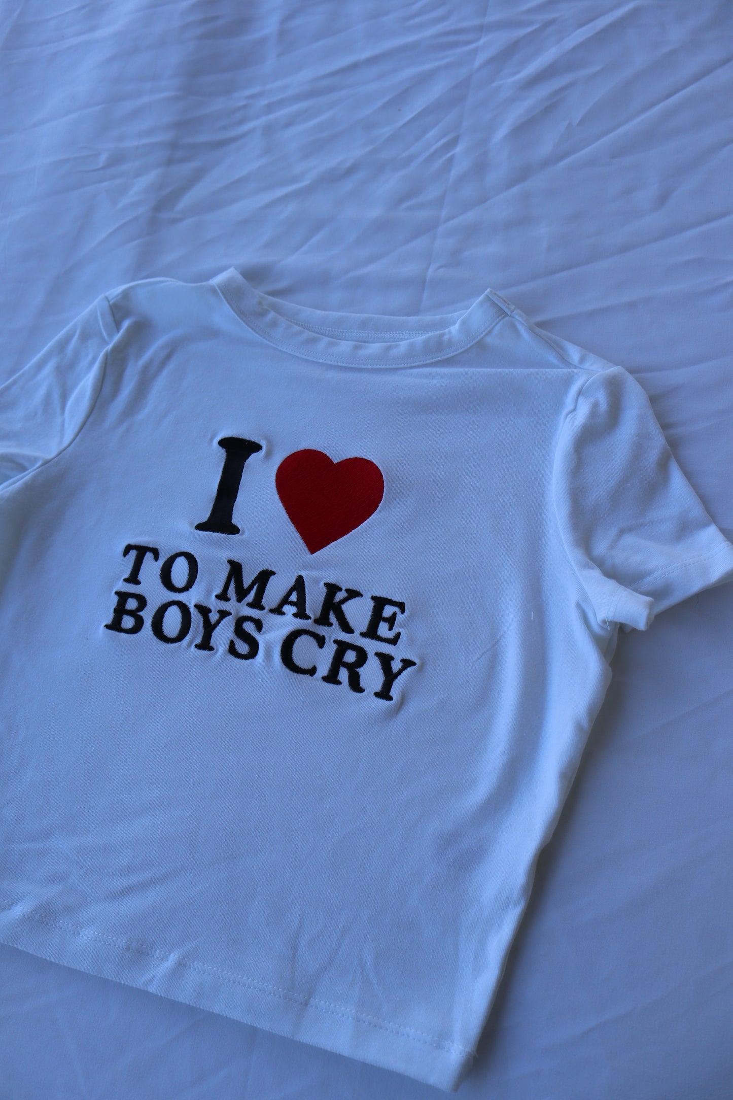 Embroidered ‘I Heart to Make Boys Cry’ Cropped, Short Sleeve, Petite fit, Adult, Female, T-Shirt