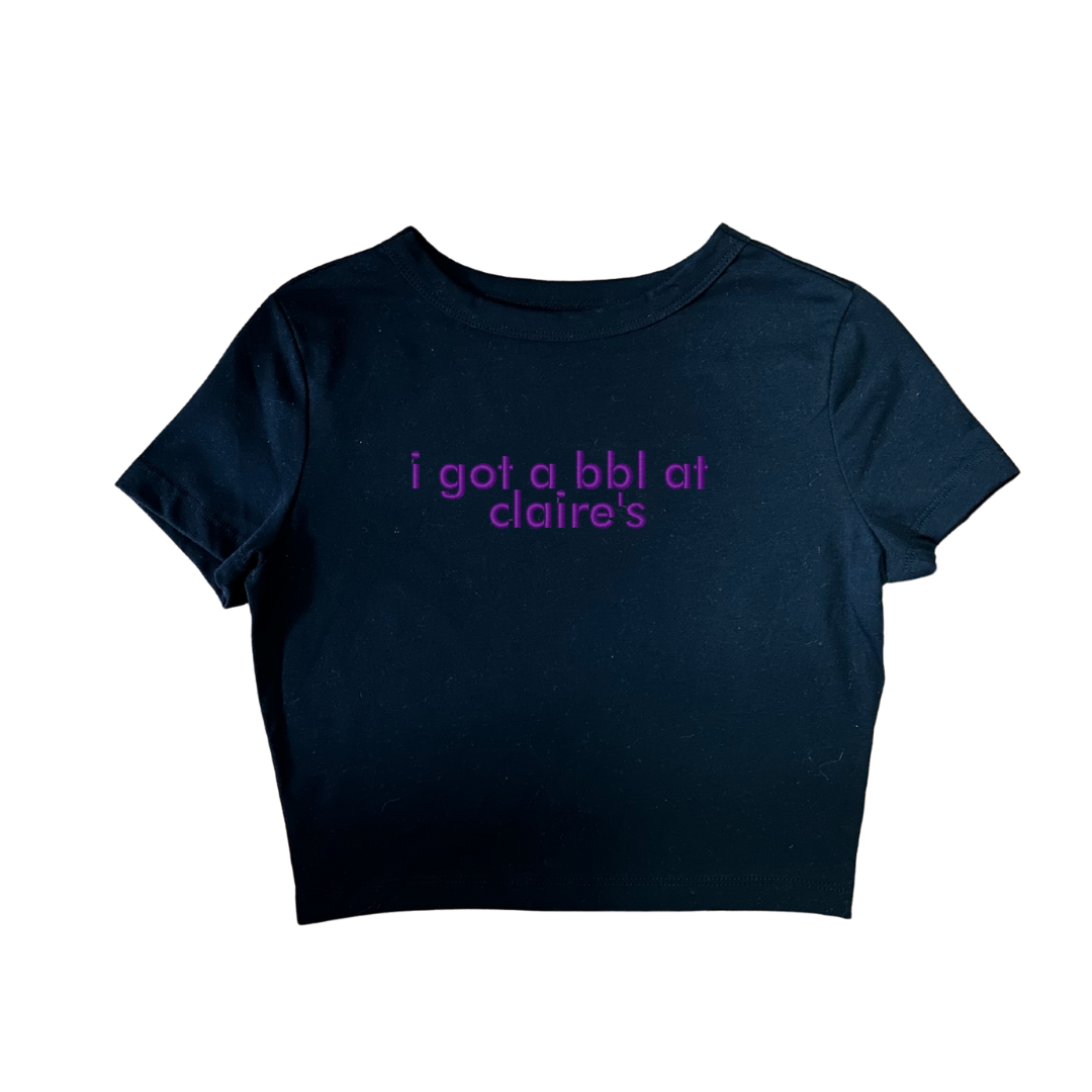 Embroidered ‘i got a bbl at claires’ Cropped, Short Sleeve, Petite fit, Adult, Female, T-Shirt