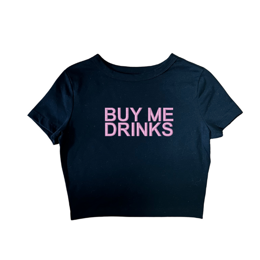Embroidered ‘BUY ME DRINKS’ Cropped, Short Sleeve, Petite fit, Adult, Female, T-Shirt
