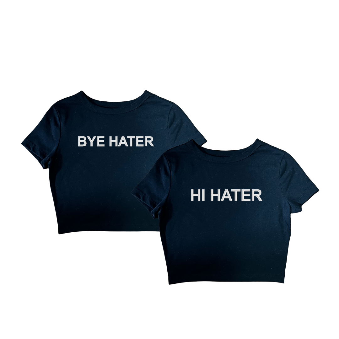 Embroidered ‘Hi Hater Bye Hater’ Cropped, Short Sleeve, Petite fit, Adult, Female, T-Shirt