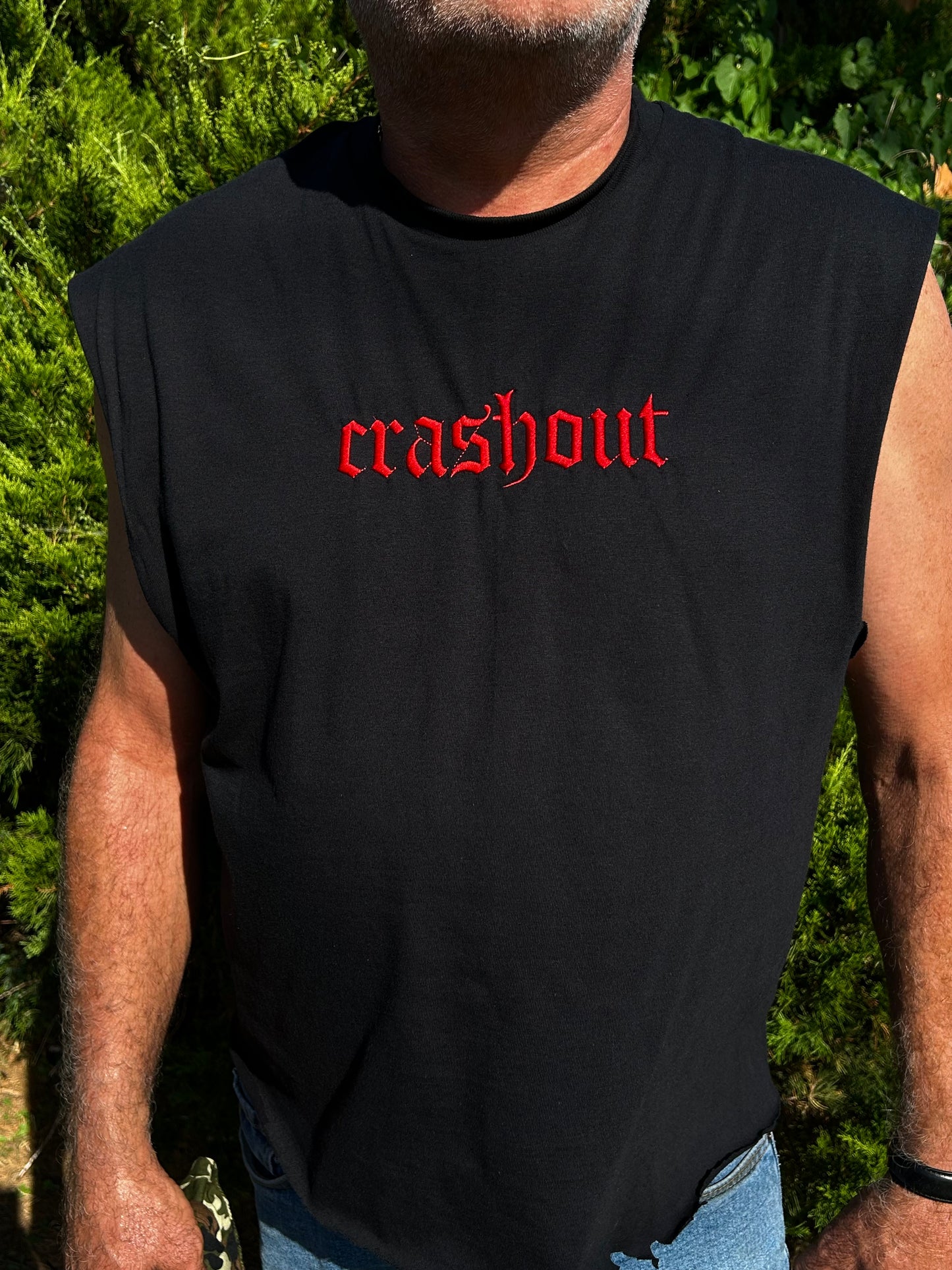 Embroidered Distressed 'Crashout' Tank Top, Cropped fit, Unisex, Adult