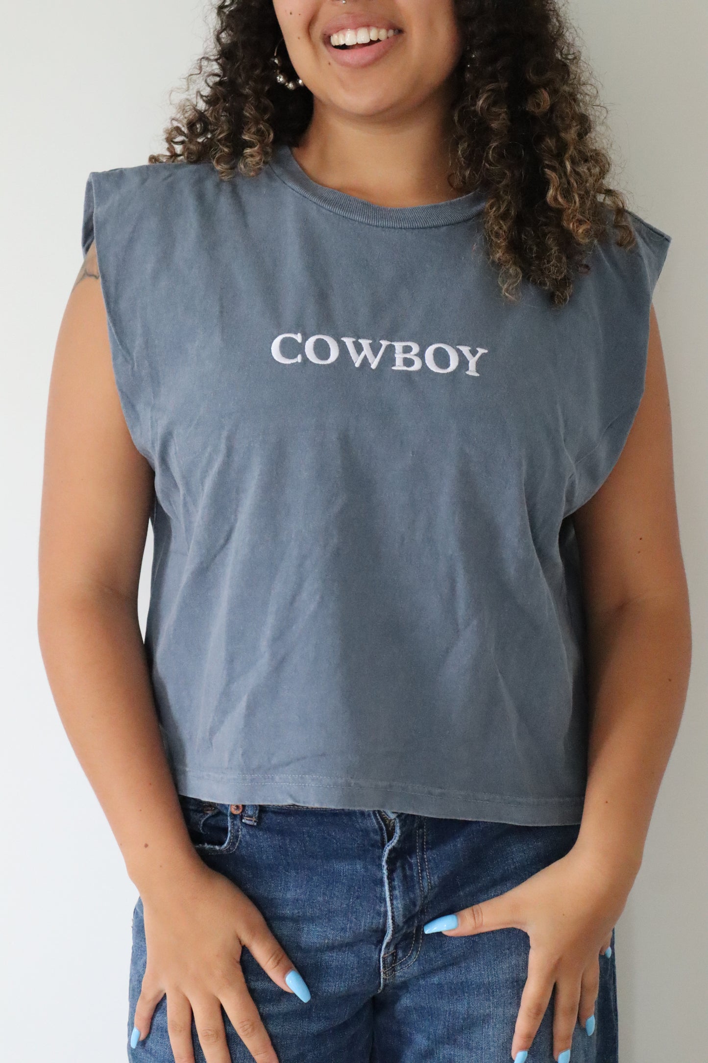 Embroidered Cowboy Cropped Muscle Tee, Tank Top, Crop Fit, Unisex, Adult