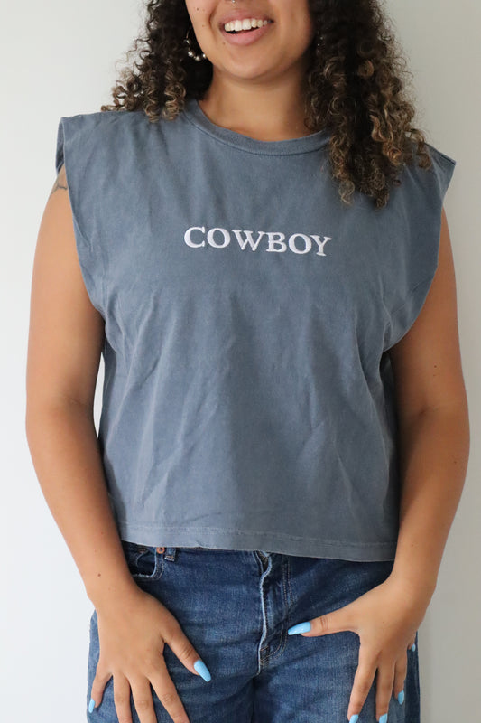 Embroidered Cowboy Cropped Muscle Tee, Tank Top, Crop Fit, Unisex, Adult