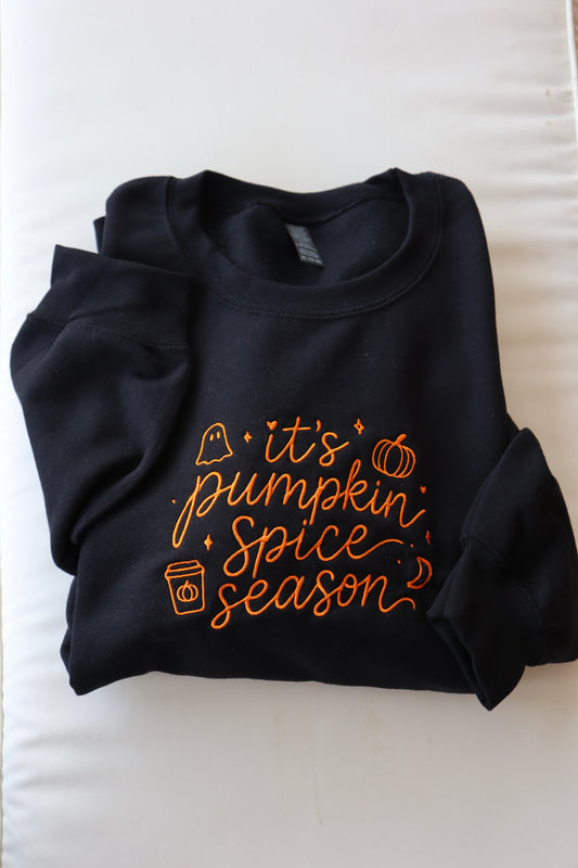 Embroidered It's Pumpkin Spice Season, Fall, Halloween, Hoodie or Crew Neck, Long Sleeve, Classic fit, Unisex, Adult