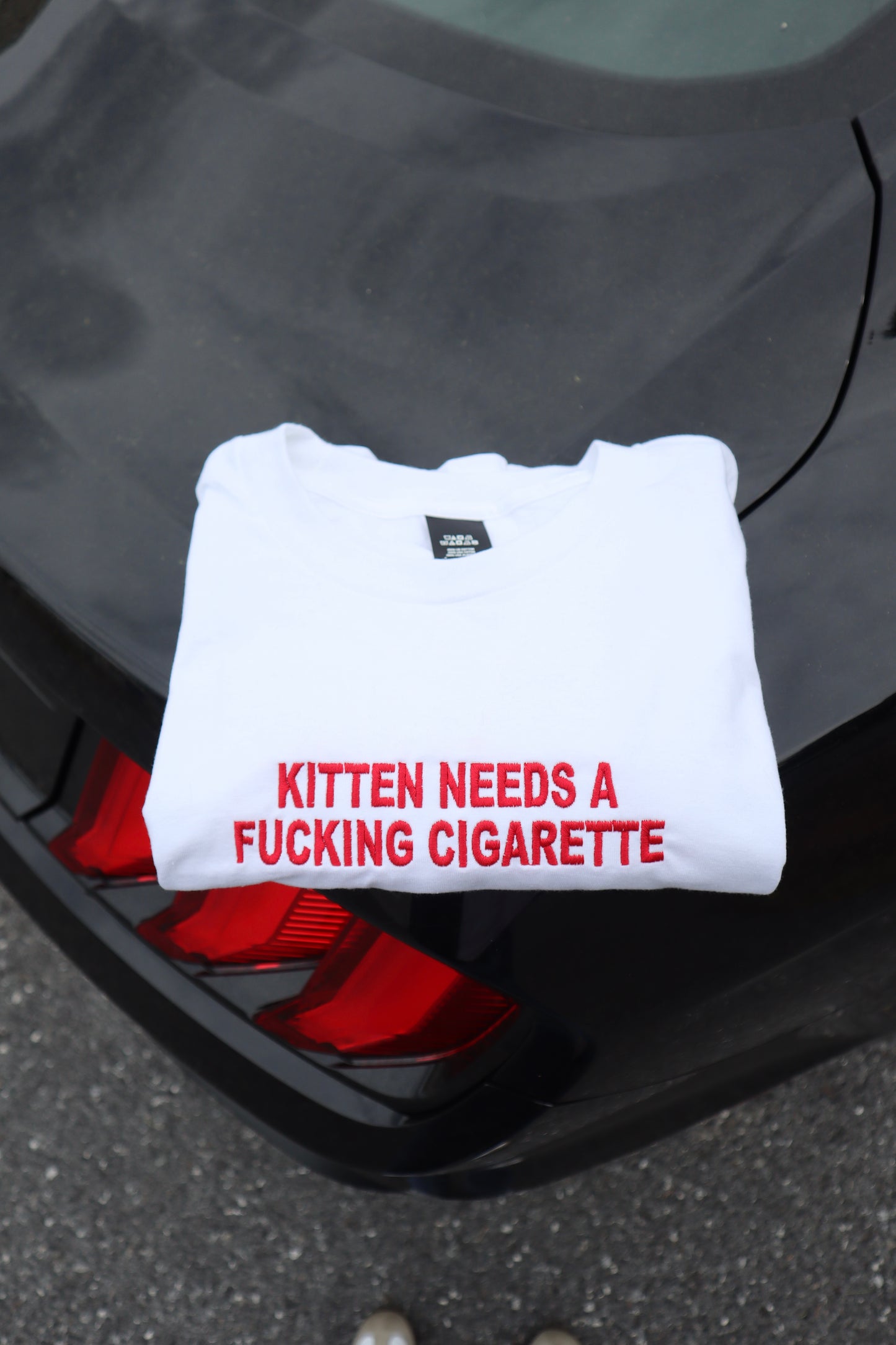 Embroidered Kitten Needs a Cig or a Bee, Short Sleeve, Modern Classic Fit, Unisex, Adult T-Shirt