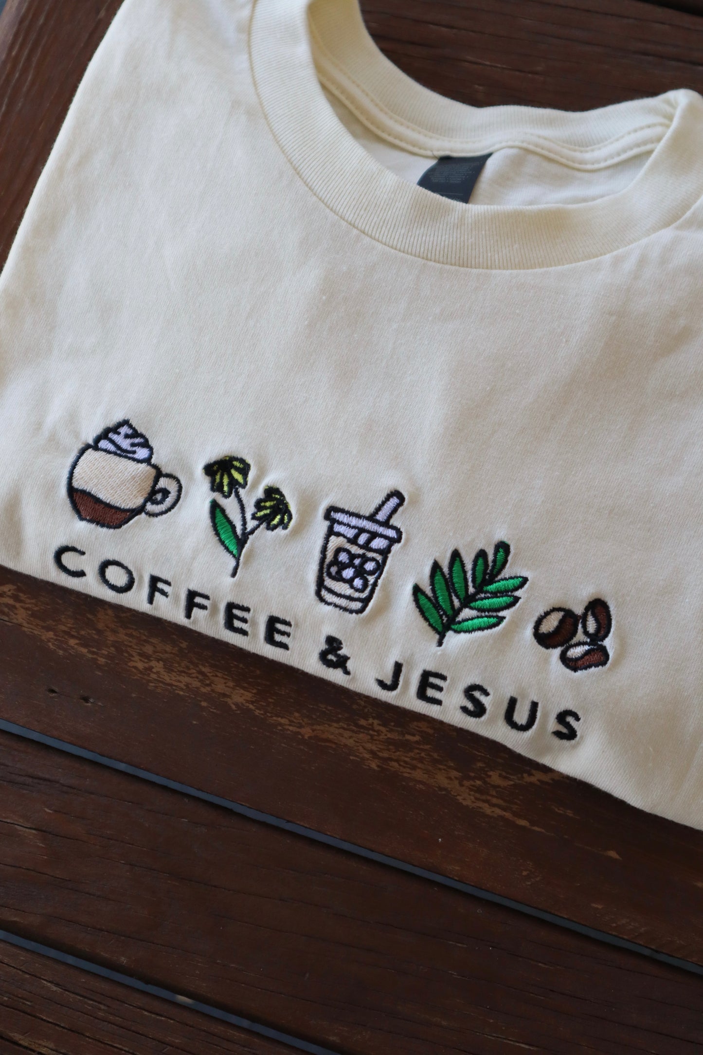 Embroidered Coffee and Jesus, Easter, Short Sleeve, Modern Classic Fit, Unisex, Adult T-Shirt