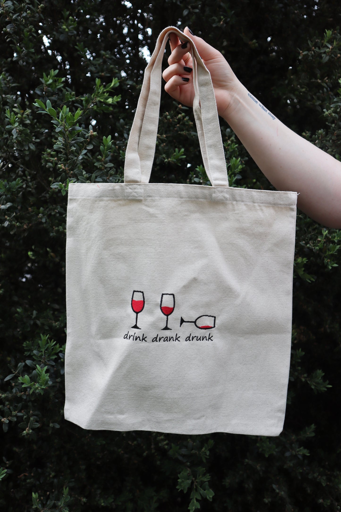 Embroidered Drink, Drank, Drunk Wine Natural Canvas Tote Bag