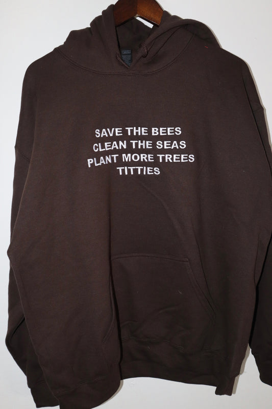 Embroidered 'Save the bees, Clean the seas, Plant more trees' back of Hoodie or Crew Neck, Long Sleeve, Classic fit, Unisex, Adult