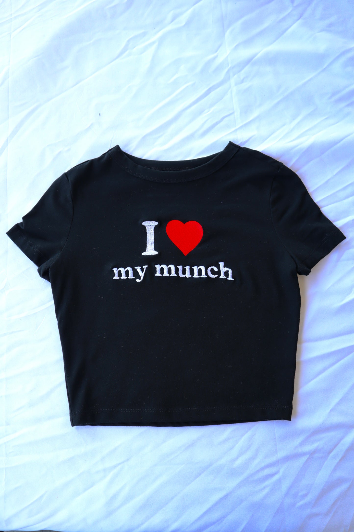 Embroidered ‘I HEART my munch’ Cropped, Short Sleeve, Petite fit, Adult, Female, T-Shirt