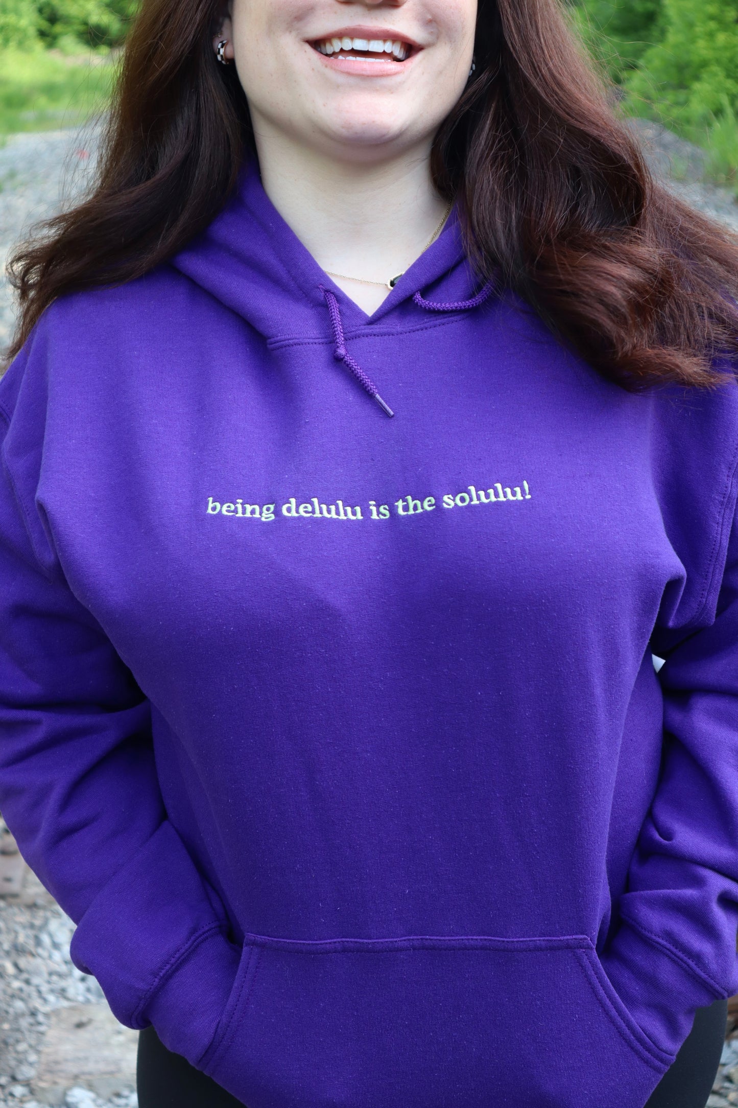 Embroidered 'being delulu is the solulu!' Hoodie or Crew Neck, Long Sleeve, Classic fit, Unisex, Adult