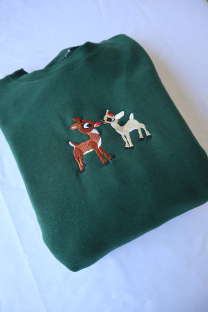 Embroidered "Christmas Deer" Hoodie or Crew Neck, Long Sleeve, Classic fit, Unisex, Adult