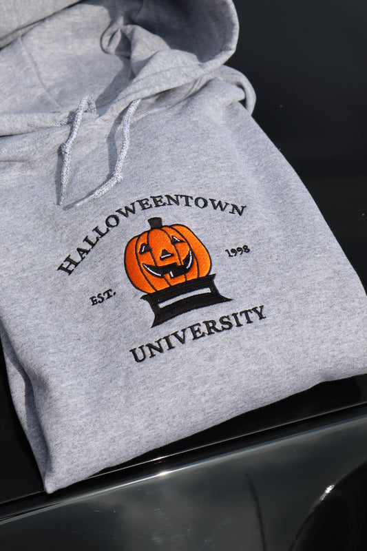Embroidered 'Halloween University Big Colored Scary Pumpkin Head' Hoodie or Crewneck, Long Sleeve, Classic fit, Unisex, Adult