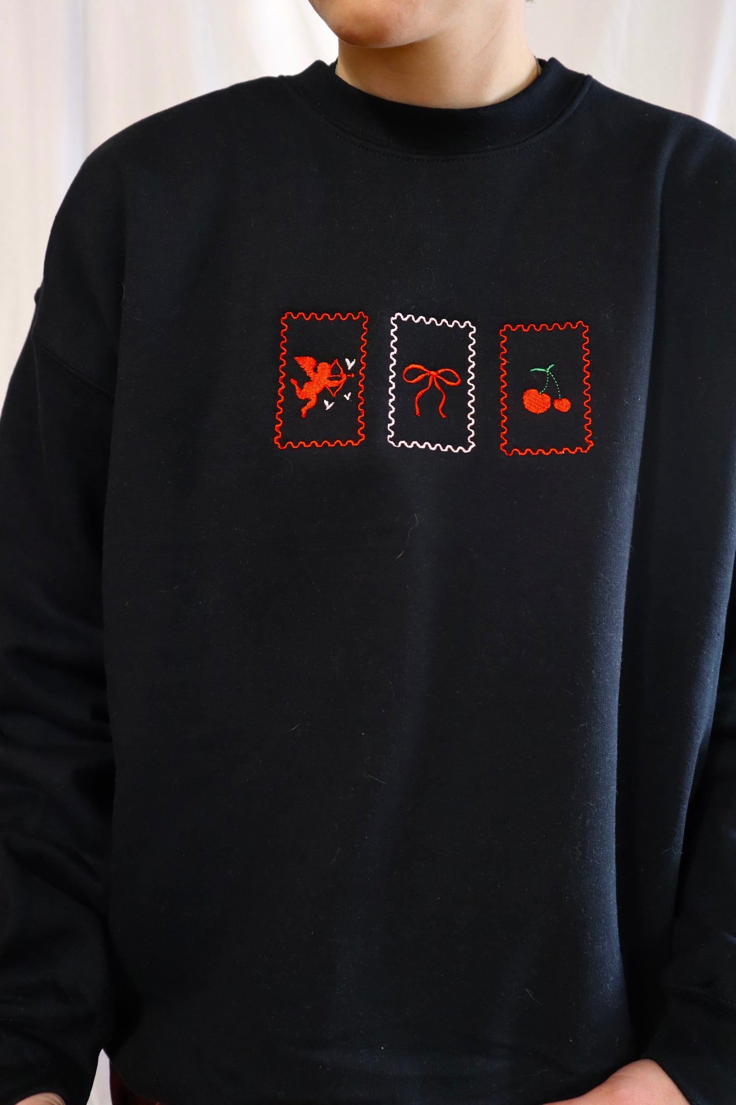 Embroidered Valentine's Day "Valentine's Postage, Angel, Bow, Cherries", Hoodie or Crew Neck, Long Sleeve, Classic fit, Unisex, Adult