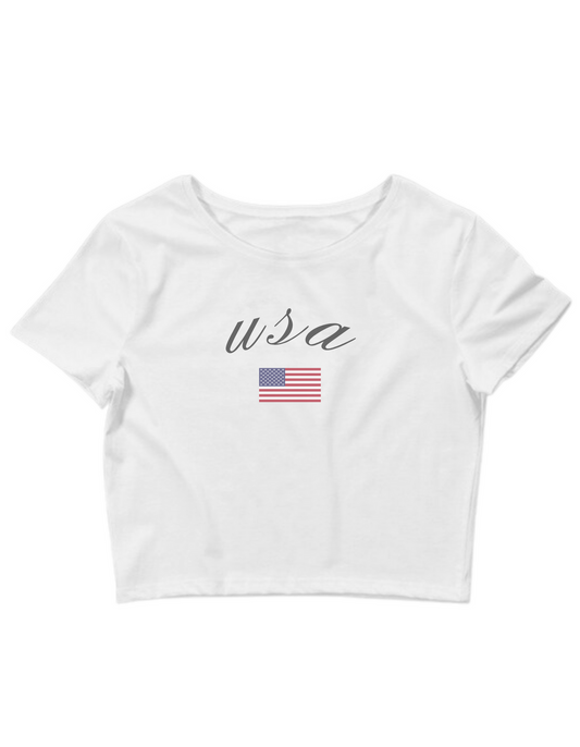 Printed 'Cursive USA' Cropped, Short Sleeve, Adult Female, Baby Tee