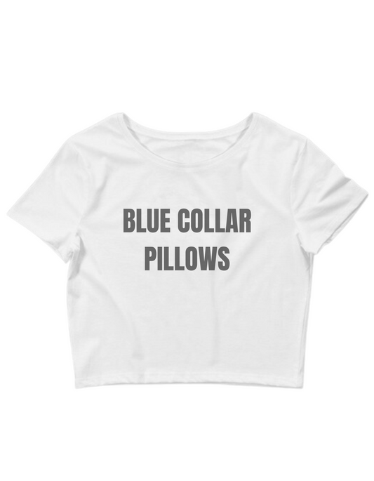 Printed 'Blue Collar Pillows' Cropped, Short Sleeve, Adult Female, Baby Tee