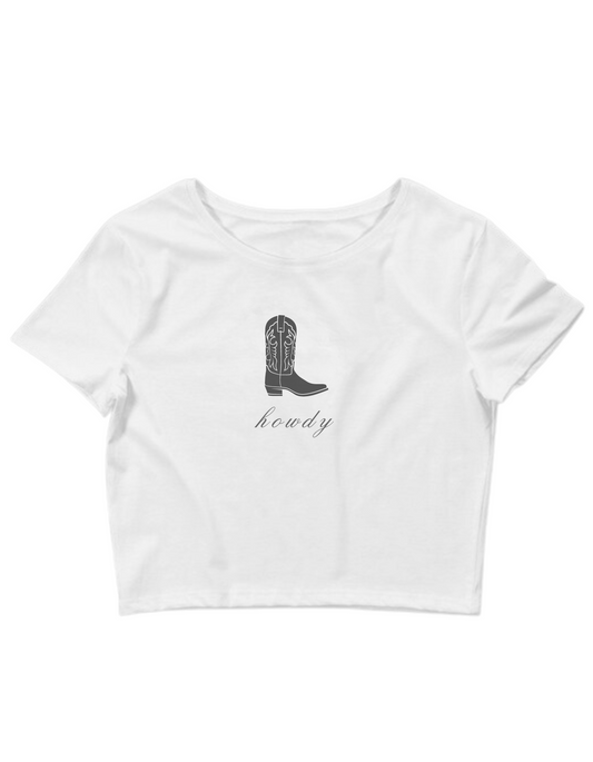Printed 'Howdy Cowboy Boots' Cropped, Short Sleeve, Adult Female, Baby Tee
