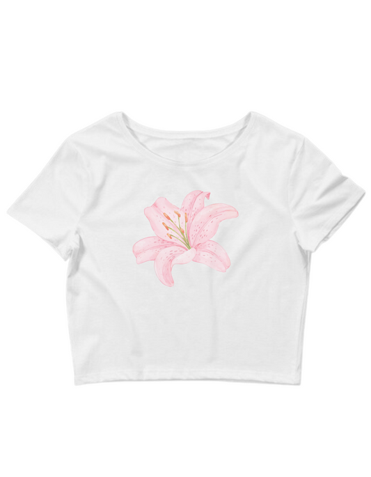 Printed 'Pink Flower' Cropped, Short Sleeve, Adult Female, Baby Tee