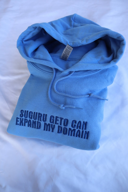 Embroidered 'Suguru Geto can expand my domain' Hoodie or Crew Neck, Long Sleeve, Classic fit, Unisex, Adult