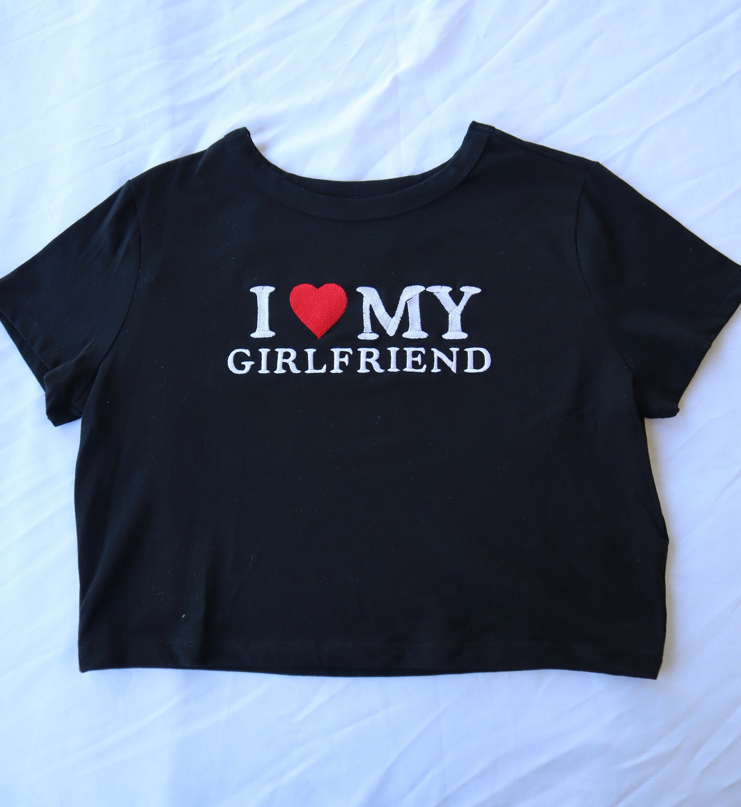 Embroidered ‘I Heart My Girlfriend’ Cropped Short Sleeve T-Shirt, Petite Fit, Adult Female by KDM Vintage