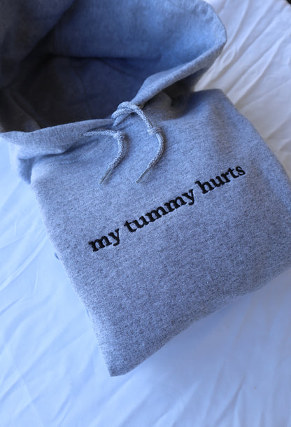 Embroidered 'My Tummy Hurts' Hoodie or Crew Neck, Long Sleeve, Classic fit, Unisex, Adult