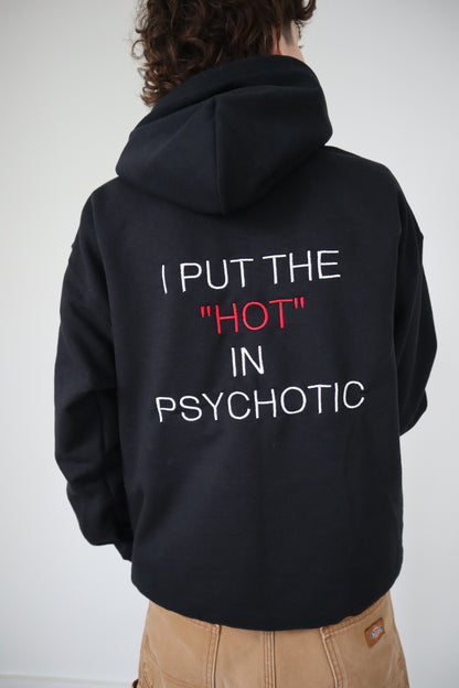 Embroidered 'I Put The Hot In' back of Hoodie or Crew Neck, Long Sleeve, Classic fit, Unisex, Adult