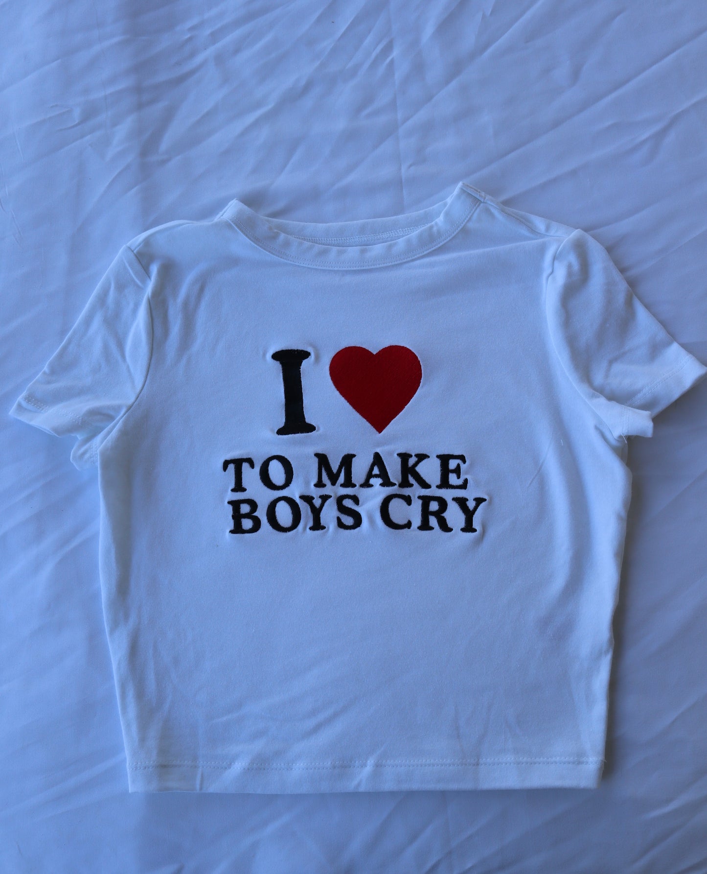 Embroidered ‘I Heart to Make Boys Cry’ Cropped, Short Sleeve, Petite fit, Adult, Female, T-Shirt