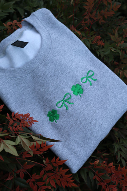 Embroidered Coquette Bow and Clover, Saint Patrick's Day, Saint Patty's Day, Hoodie or Crew Neck, Long Sleeve, Classic fit, Unisex, Adult