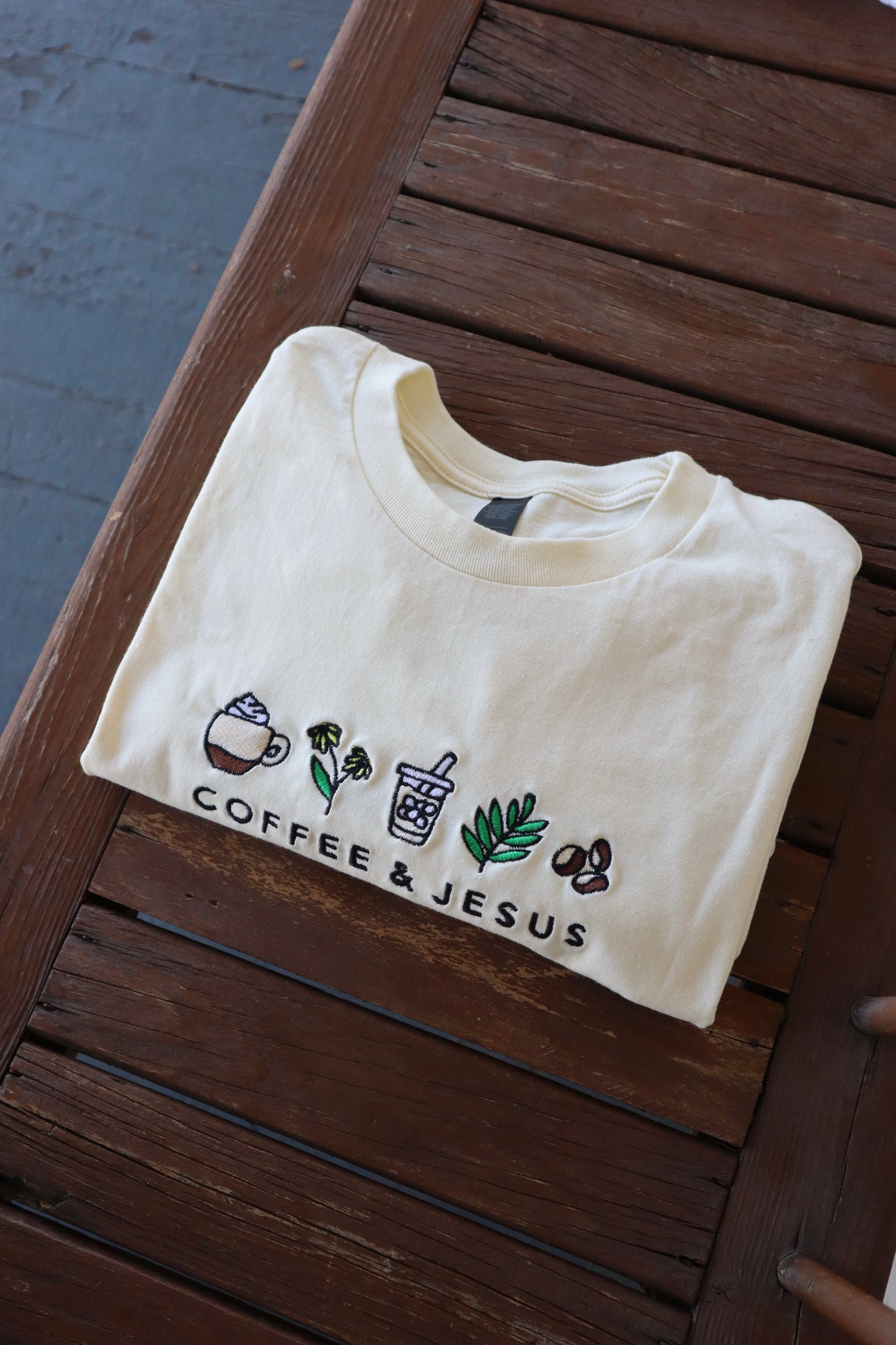 Embroidered Coffee and Jesus, Easter, Short Sleeve, Modern Classic Fit, Unisex, Adult T-Shirt