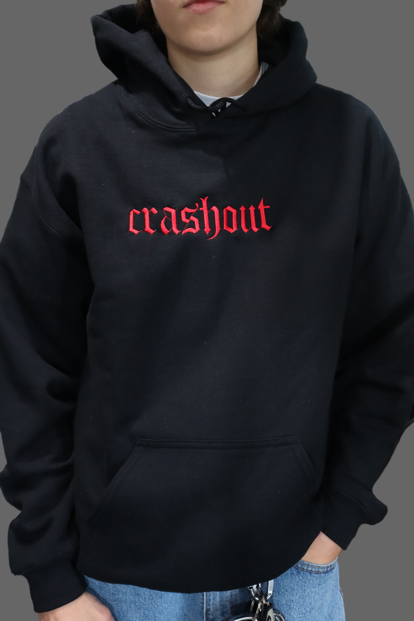 Embroidered Black Only  'crashout' Hoodie or Crew Neck, Long Sleeve, Classic fit, Unisex, Adult