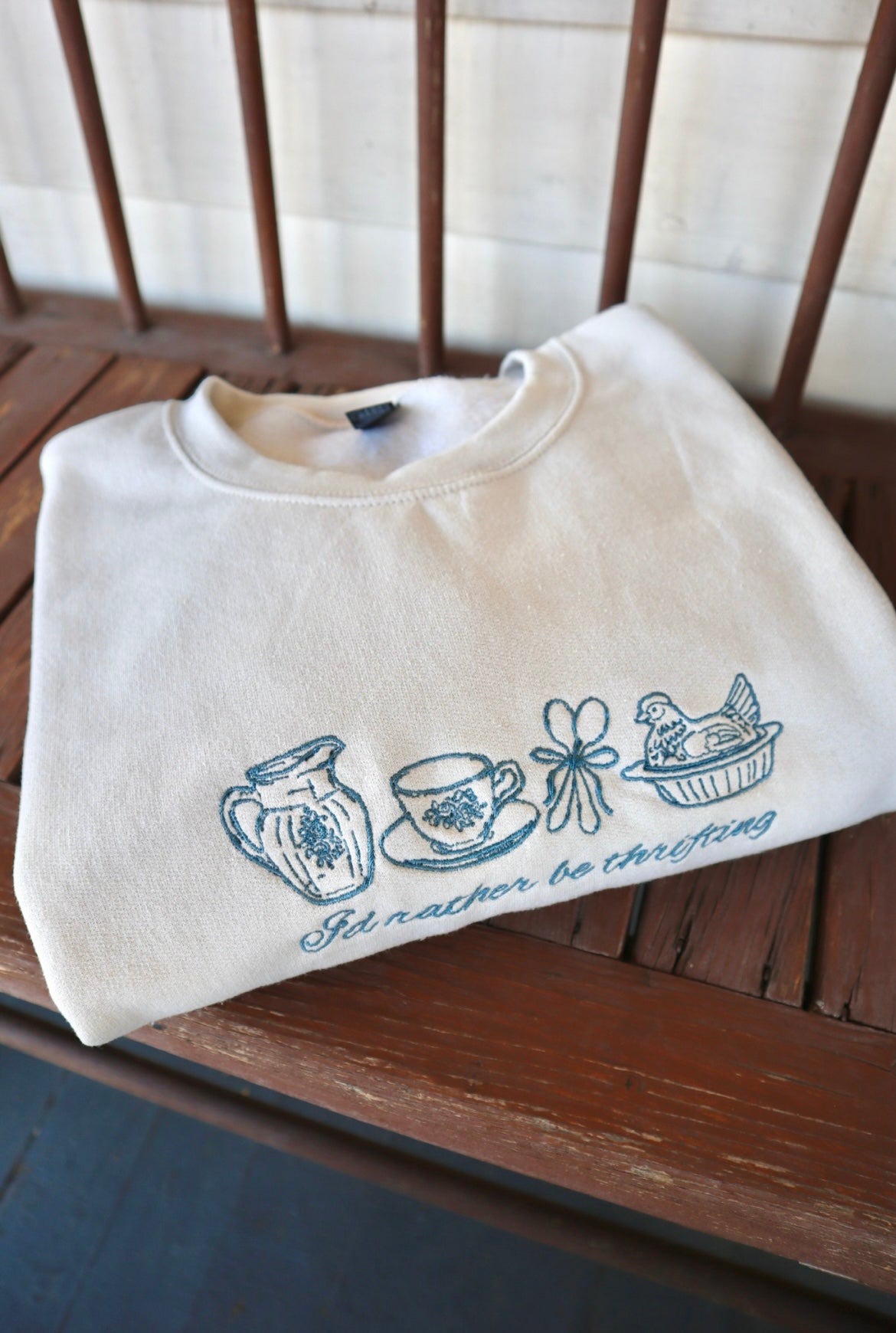 Embroidered I’d rather be thrifting, Hoodie or Crew Neck, Long Sleeve, Classic fit, Unisex, Adult