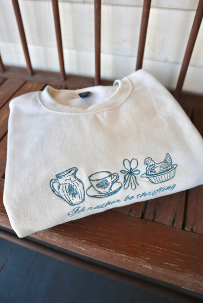 Embroidered I’d rather be thrifting, Hoodie or Crew Neck, Long Sleeve, Classic fit, Unisex, Adult