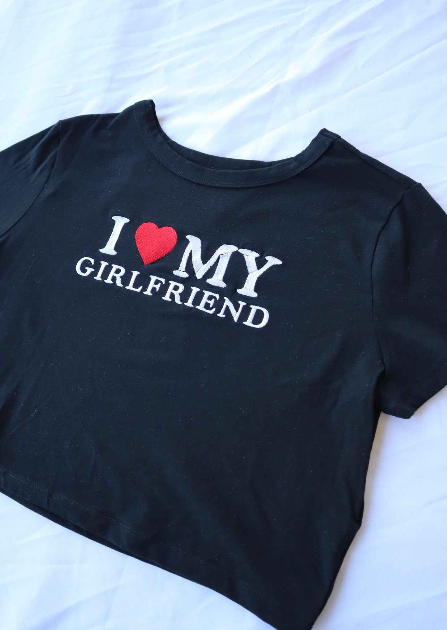 Embroidered ‘I Heart My Girlfriend’ Cropped Short Sleeve T-Shirt, Petite Fit, Adult Female by KDM Vintage