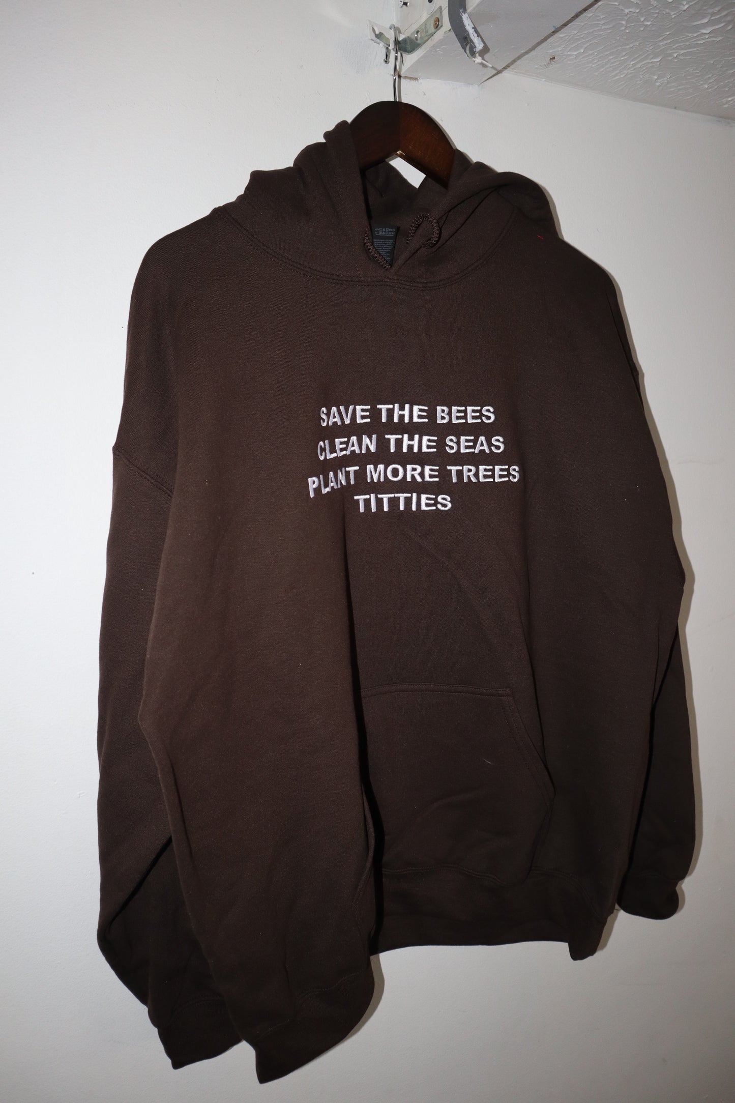 Embroidered 'Save the bees, Clean the seas, Plant more trees' back of Hoodie or Crew Neck, Long Sleeve, Classic fit, Unisex, Adult