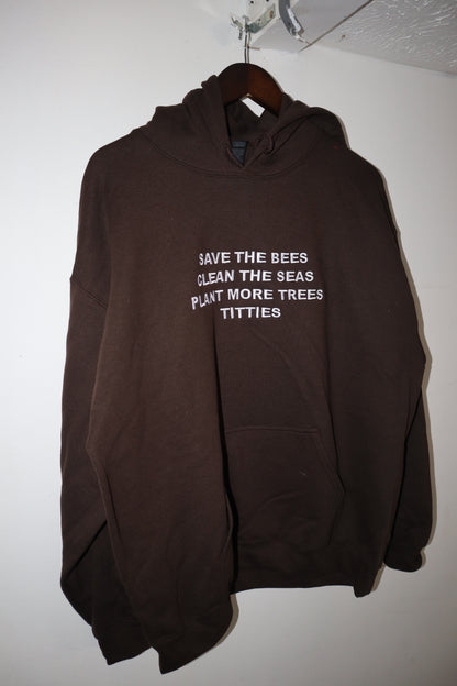 Embroidered 'Save the bees, Clean the seas, Plant more trees' back of Hoodie or Crew Neck, Long Sleeve, Classic fit, Unisex, Adult