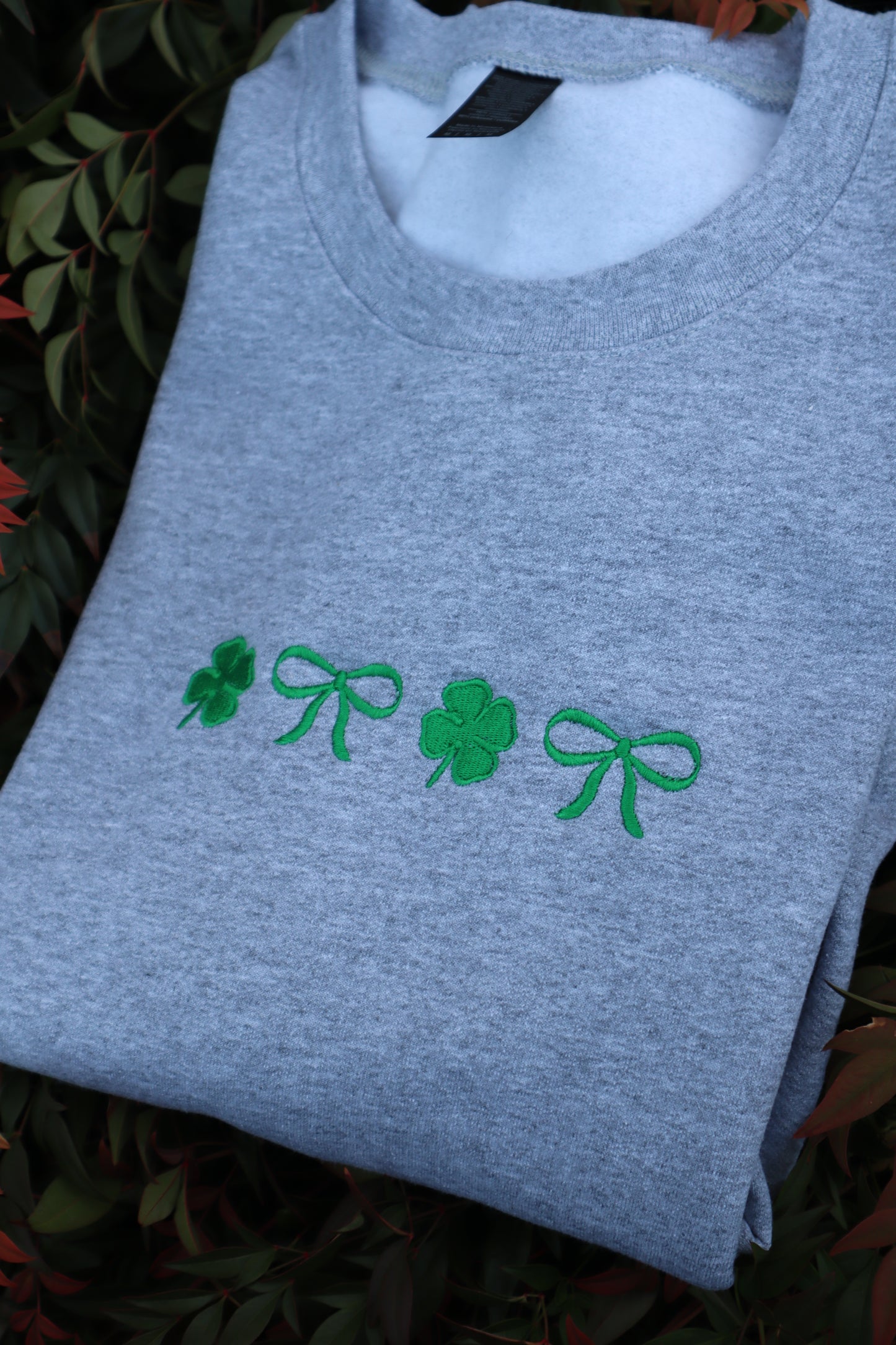 Embroidered Coquette Bow and Clover, Saint Patrick's Day, Saint Patty's Day, Hoodie or Crew Neck, Long Sleeve, Classic fit, Unisex, Adult