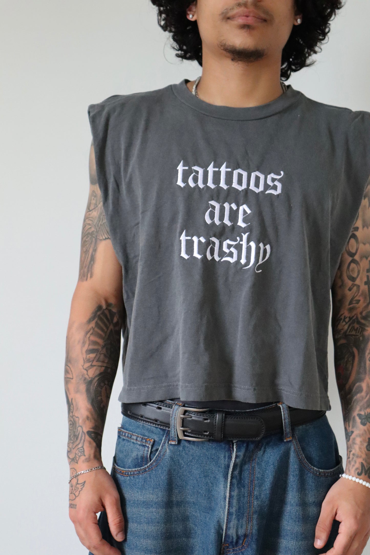 Embroidered Tattoos Are Trashy Cropped Tank Top, Boxy Fit, Unisex, Adult