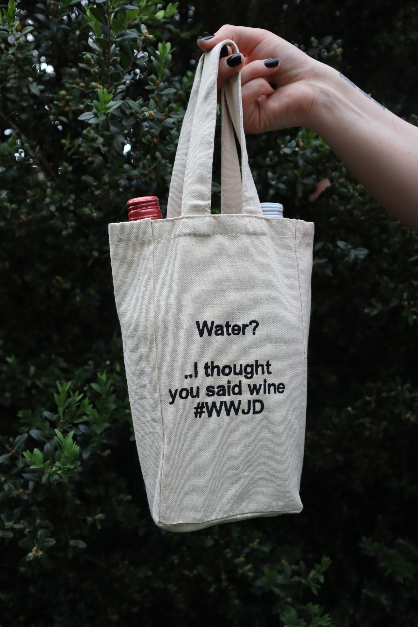 Embroidered Water? I Thought You Said Wine What Would Jesus Do Natural Canvas Two Bottle Wine Holder Tote Bag