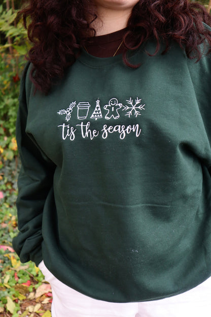 Embroidered Christmas "Tis The Season" Hoodie or Crew Neck, Long Sleeve, Classic fit, Unisex, Adult