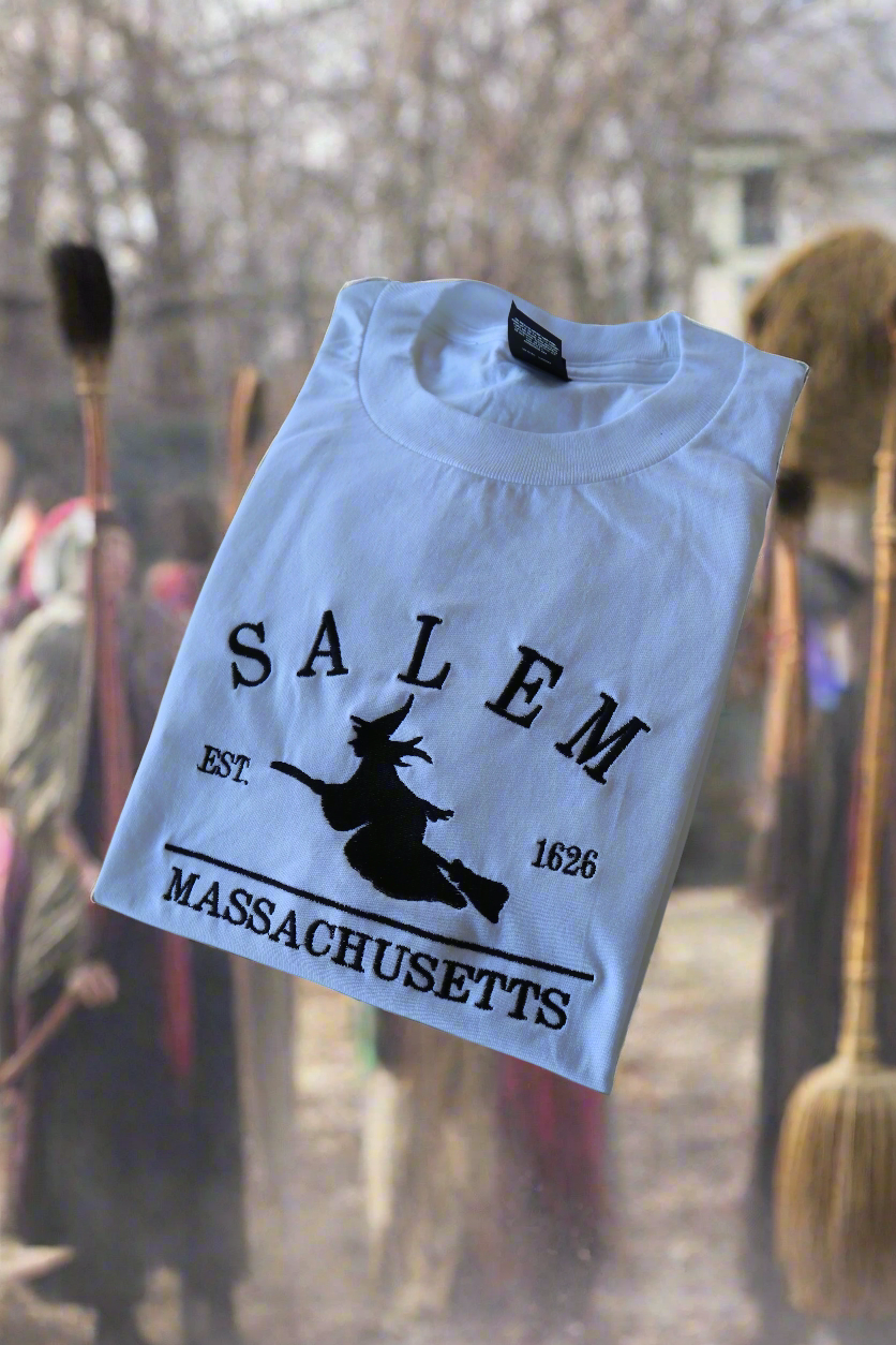 Embroidered 'Salem Massachusetts Witch' Hoodie or Crew Neck, Long Sleeve, Classic fit, Unisex, Adult